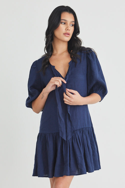 Emelia Navy Linen Dropped Waist SS Mini Dress WW Dress Ivy + Jack   