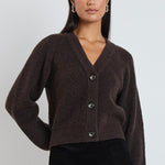 model wears brown knit cardigan