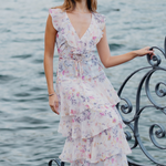 model wears a white floral maxi dress