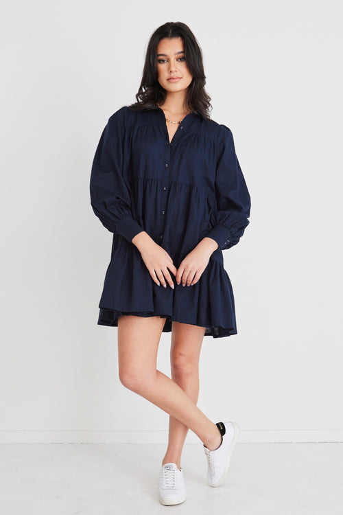 Valley Navy Linen Blend Shirt Style Tiered Mini Dress WW Dress Ivy + Jack   