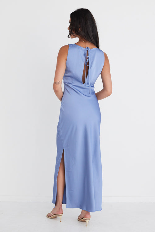 Mable Slate Satin Sleeveless Empire Tie Back Maxi Dress WW Dress Among the Brave   