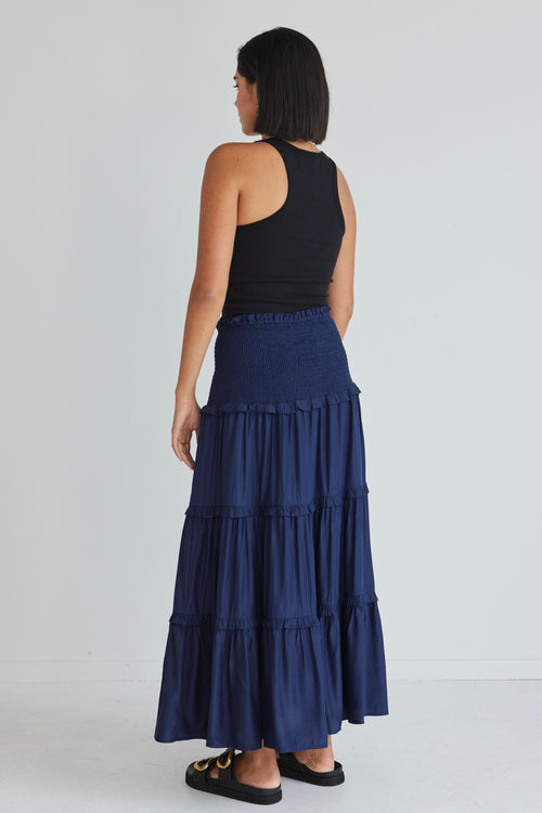 Soaring High Navy Washer Satin Shirred Waist Tiered Maxi Skirt WW Skirt Among the Brave   