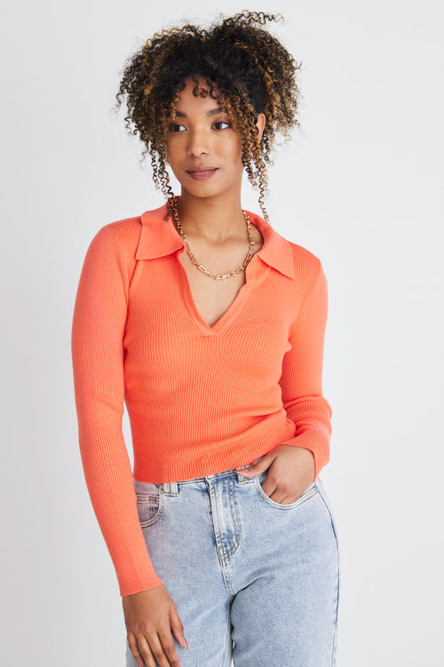 Unreal Coral LS Collared Rib Knit Top WW Top Georgia Mae   