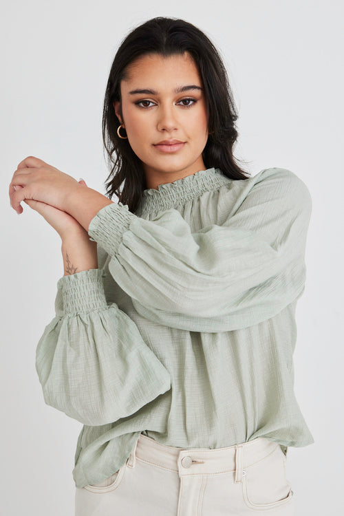 Embrace Sage Crinkle LS High Neck Shirred Puff Sleeve Top WW Top Among the Brave   