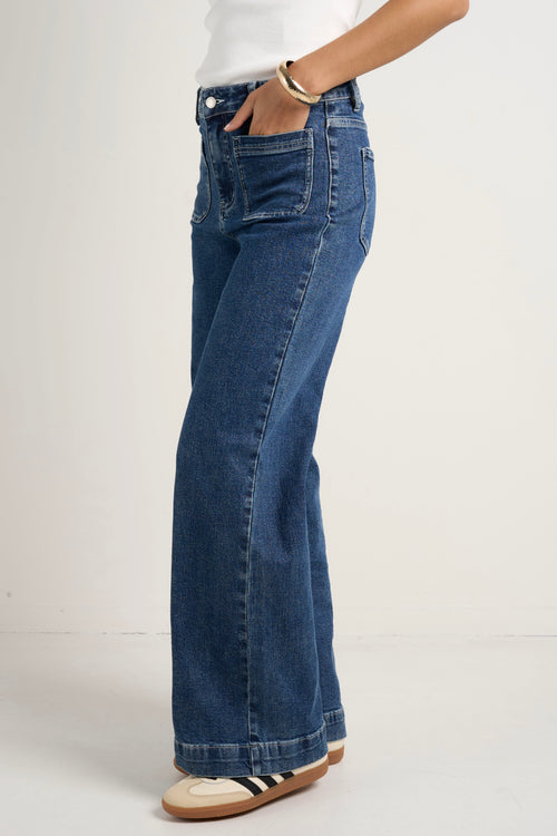 model wears a blue wide leg jean