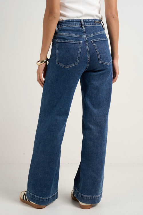 model wears a blue wide leg jean