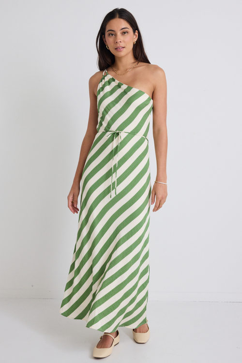 model wears green stripe bias cut slip dress