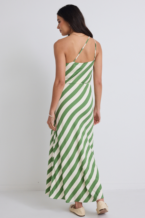 model wears green stripe bias cut slip dress