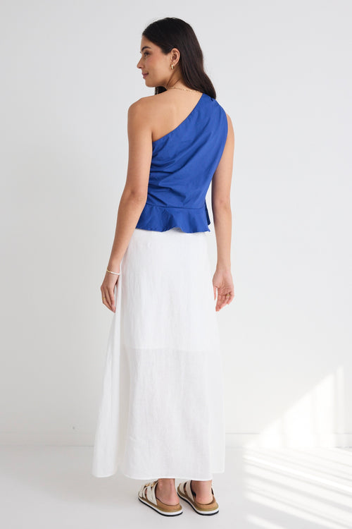 model wears a one shoulder blue top