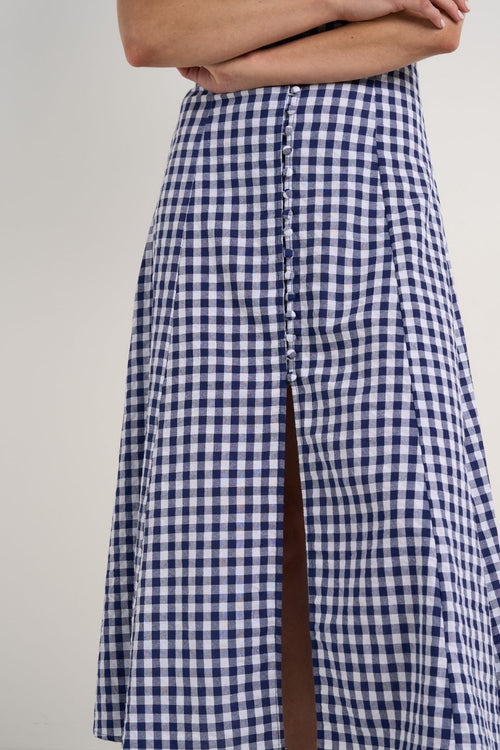 model wears Navy Gingham Cotton Midi Dress