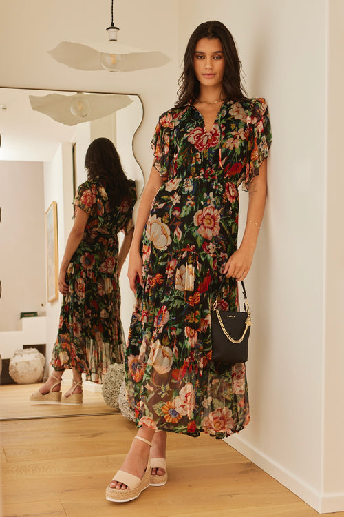 Flutter Black Floral Floaty Sleeve Maxi Dress WW Dress By Rosa.   