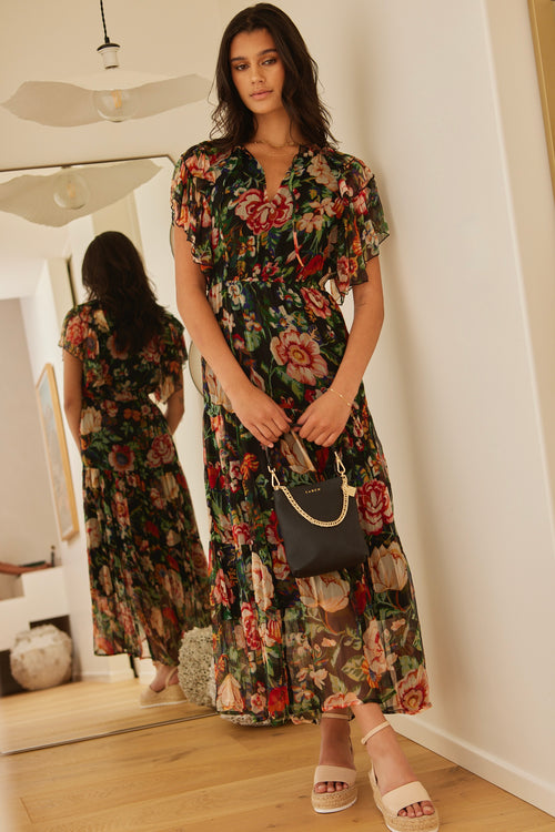 Flutter Black Floral Floaty Sleeve Maxi Dress WW Dress By Rosa.   