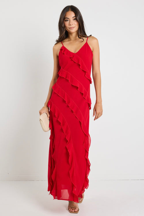 Model wears a red ruffle maxi dress 