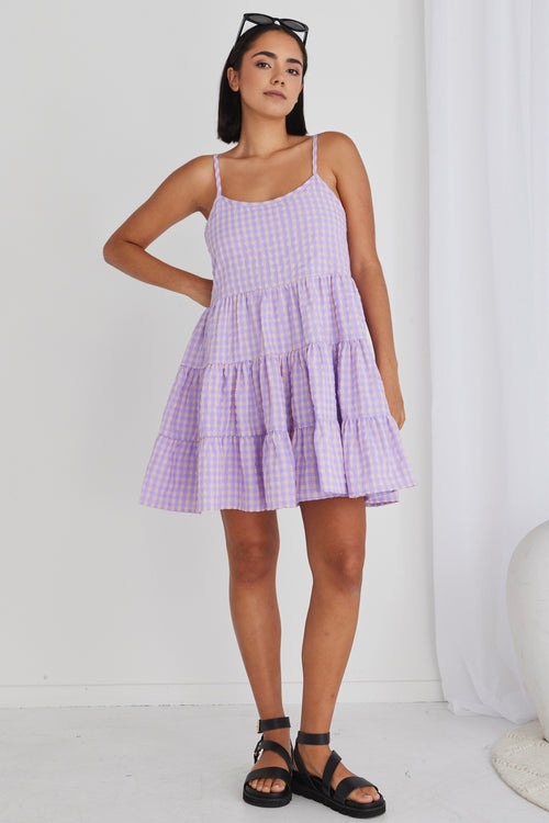 Garden Lilac Gingham Strappy Tiered Empire Mini Dress WW Dress Ivy + Jack   