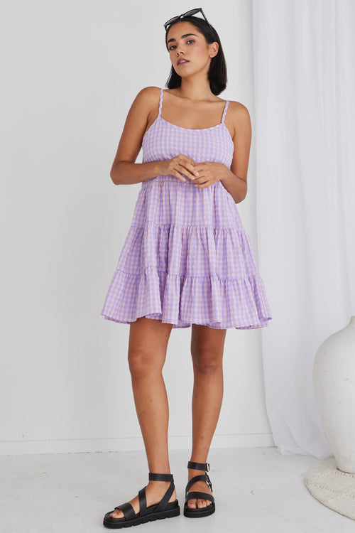 Garden Lilac Gingham Strappy Tiered Empire Mini Dress WW Dress Ivy + Jack   