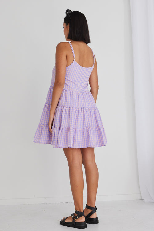 Garden Lilac Gingham Strappy Tiered Empire Mini Dress WW Dress Ivy + Jack   