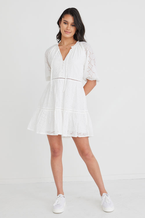 Gemini White Broiderie Balloon Sleeve Tiered Mini Dress WW Dress Among the Brave   