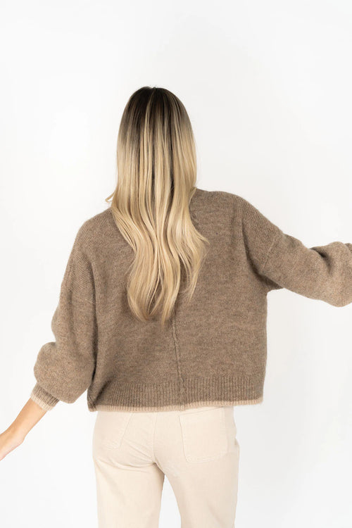 model wears a hazelnut brown beige cardigan