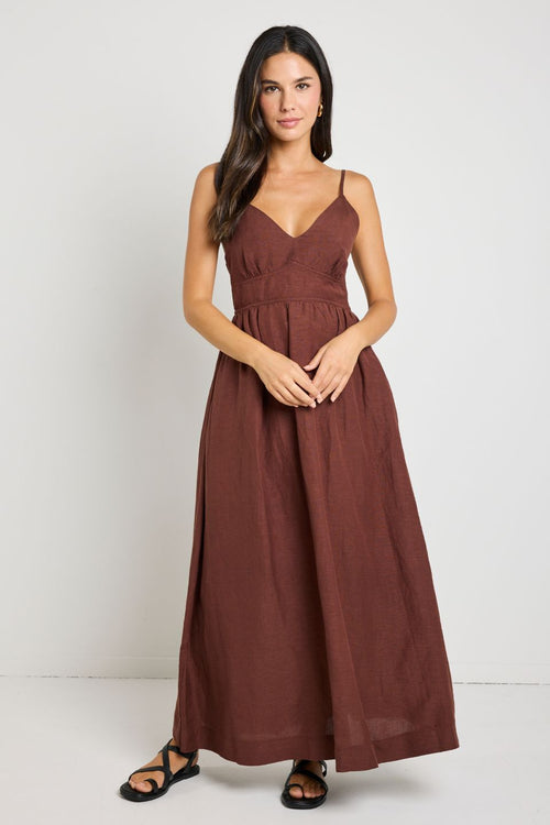 model wears Brown Linen Maxi Dress