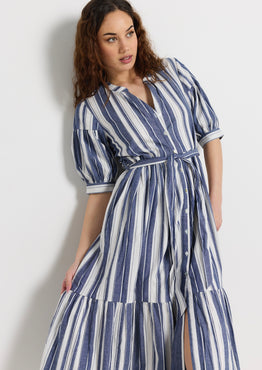 model wears navy stripe shirt midi dress