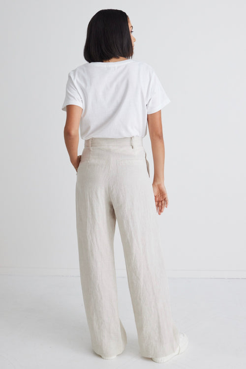 model wears a beige linen pant