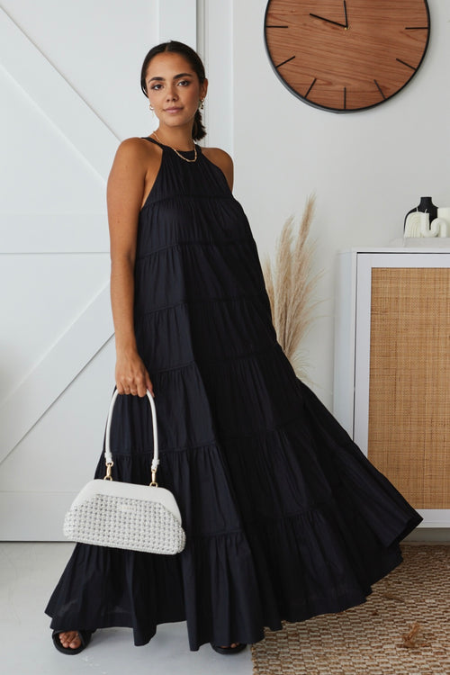 Kaye Black Cotton Sleeveless High Neck Tiered Maxi Dress WW Dress By Rosa.   