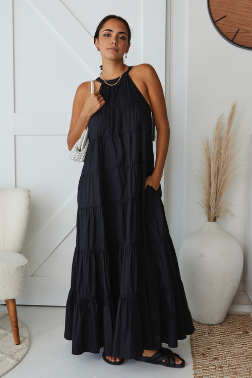 Kaye Black Cotton Sleeveless High Neck Tiered Maxi Dress WW Dress By Rosa.   