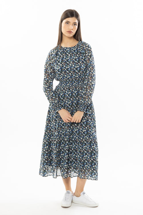 Harmony Navy Multi Floral LS Shirred Waist Midi Dress WW Dress Leila + Luca   