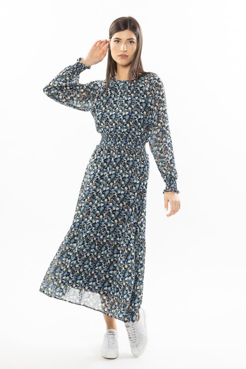 Harmony Navy Multi Floral LS Shirred Waist Midi Dress WW Dress Leila + Luca   