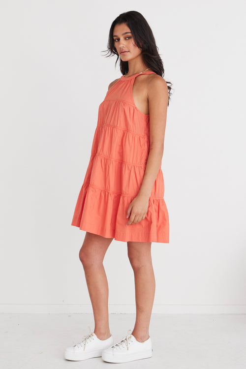 Levitate Watermelon High Neck Tiered Mini Dress WW Dress By Rosa.   