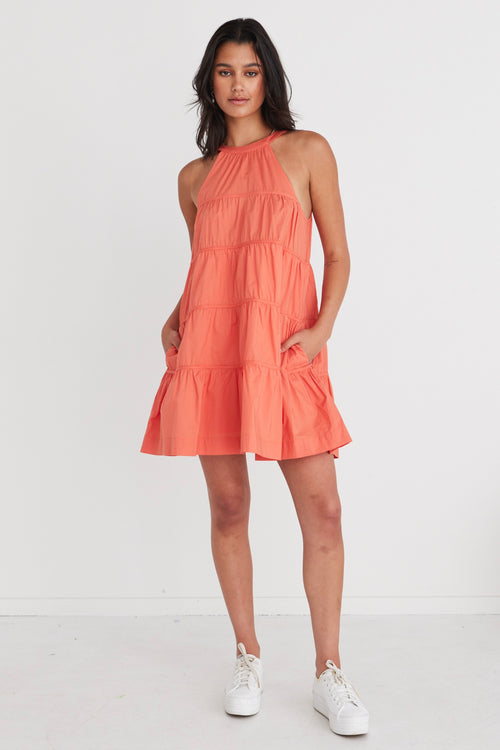 Levitate Watermelon High Neck Tiered Mini Dress WW Dress By Rosa.   