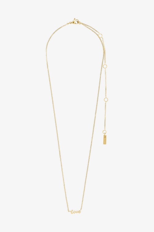 gold chain adjustable necklace with a pendant reading 