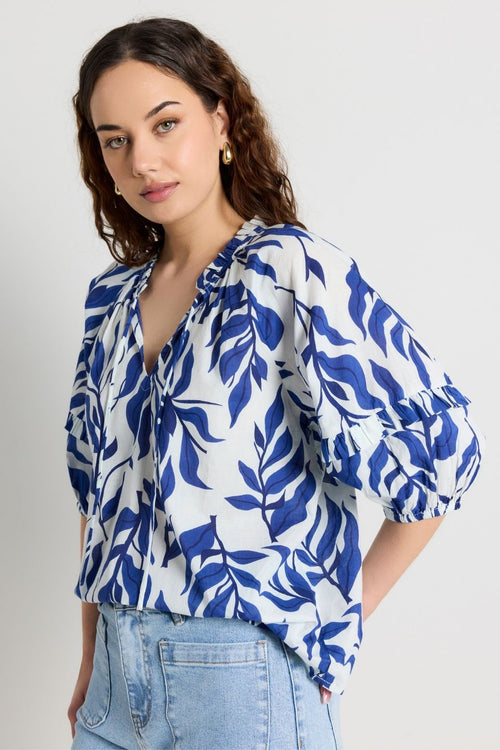 model wears Blue Floral Print Cotton Top