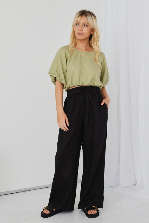 Resort Black Linen Wide Leg Elastic Waist Pant WW Pants RE:Union   