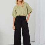 Resort Black Linen Wide Leg Elastic Waist Pant WW Pants RE:Union   