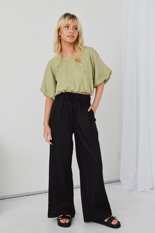 Resort Black Linen Wide Leg Elastic Waist Pant WW Pants RE:Union   