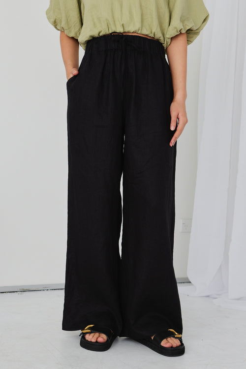 Resort Black Linen Wide Leg Elastic Waist Pant WW Pants RE:Union   