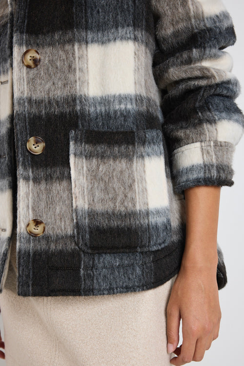 model wears a black and white check jacket