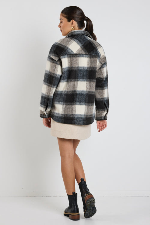 model wears a black and white check jacket