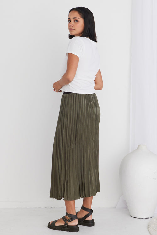 Radiant Moss Washer Satin Pleated Midi Skirt WW Skirt Ivy + Jack   