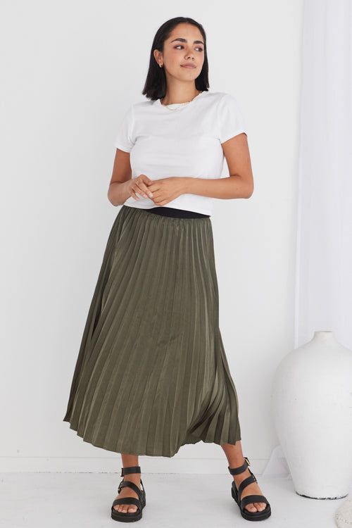 Radiant Moss Washer Satin Pleated Midi Skirt WW Skirt Ivy + Jack   