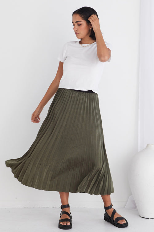 Radiant Moss Washer Satin Pleated Midi Skirt WW Skirt Ivy + Jack   