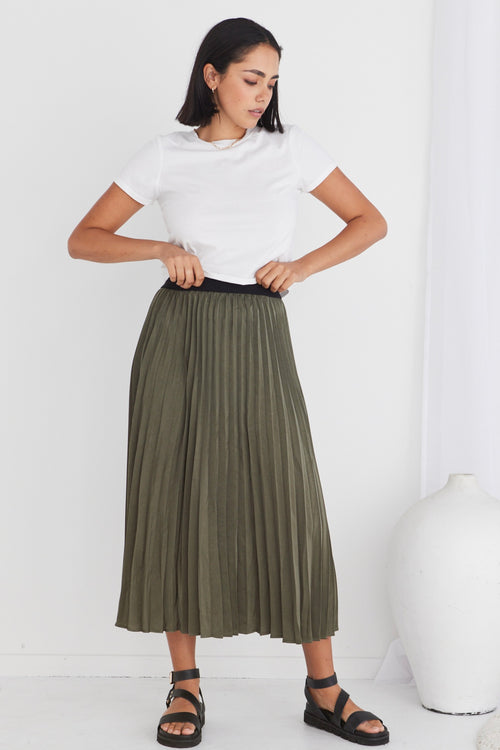 Radiant Moss Washer Satin Pleated Midi Skirt WW Skirt Ivy + Jack   