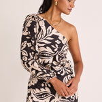 model wears a one shoulder black floral midi dress