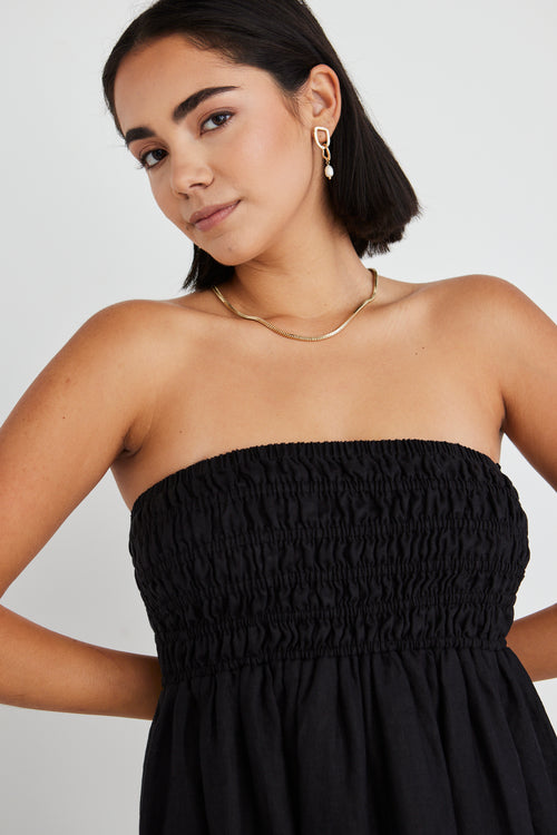 Nelle Black Linen Strapless Gathered Dress WW Dress RE:Union   