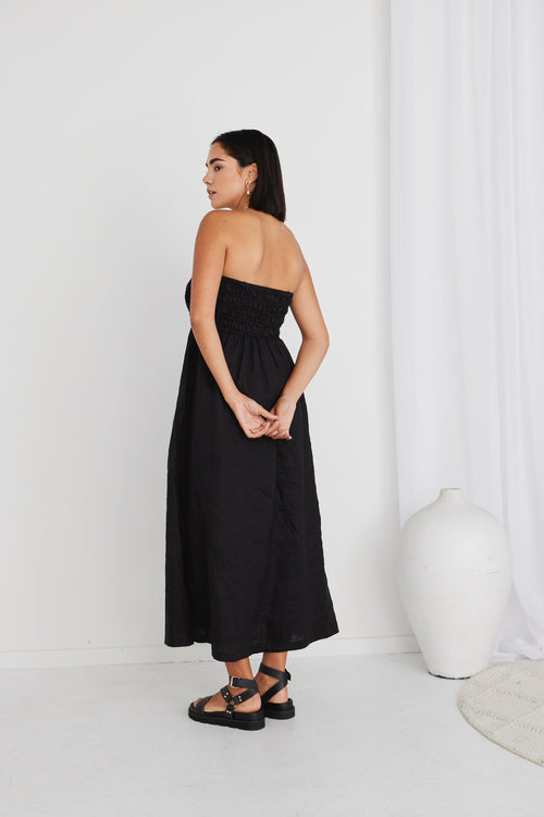 Nelle Black Linen Strapless Gathered Dress WW Dress RE:Union   