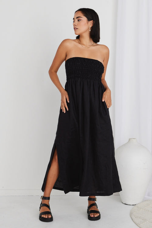 Nelle Black Linen Strapless Gathered Dress WW Dress RE:Union   
