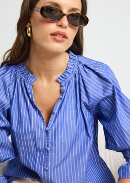 Noetic Dark Blue Stripe Short Sleeve Blouse