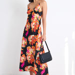 Otherworldly Black Orange Floral Satin Bias Slip Midi Dress