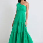 model wears tiered one shoulder green maxi dress